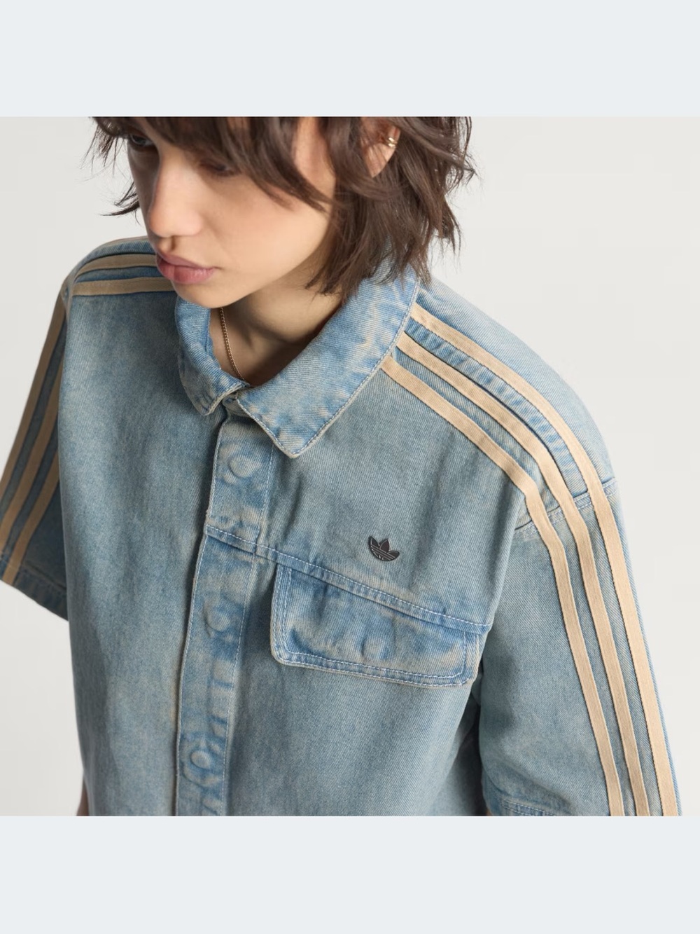 adidas Faded Blue Denim Short-Sleeve Button-Up with Cream Stripes - Picture 4 of 7